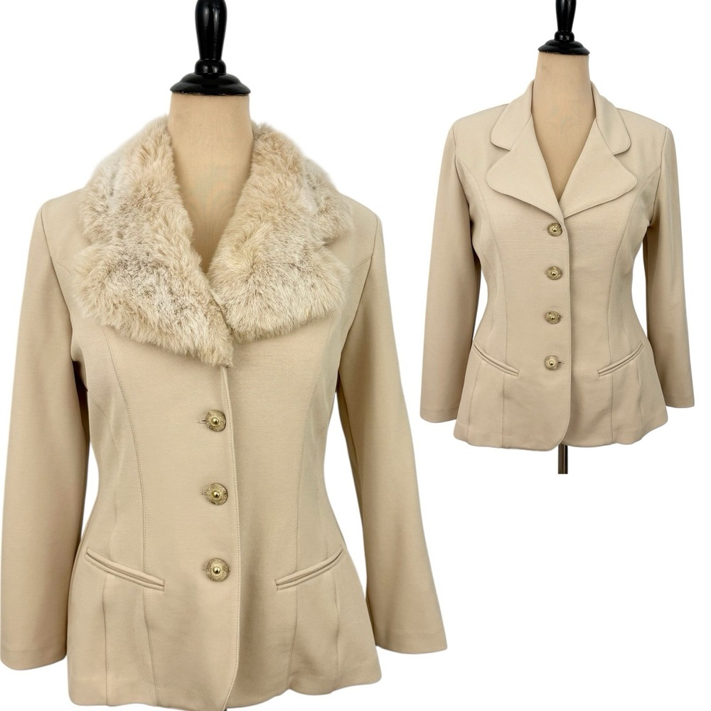 CACHE Vintage Blazer Jacket 12 Removable Faux Fur Collar Ivory Knit 80s Beige